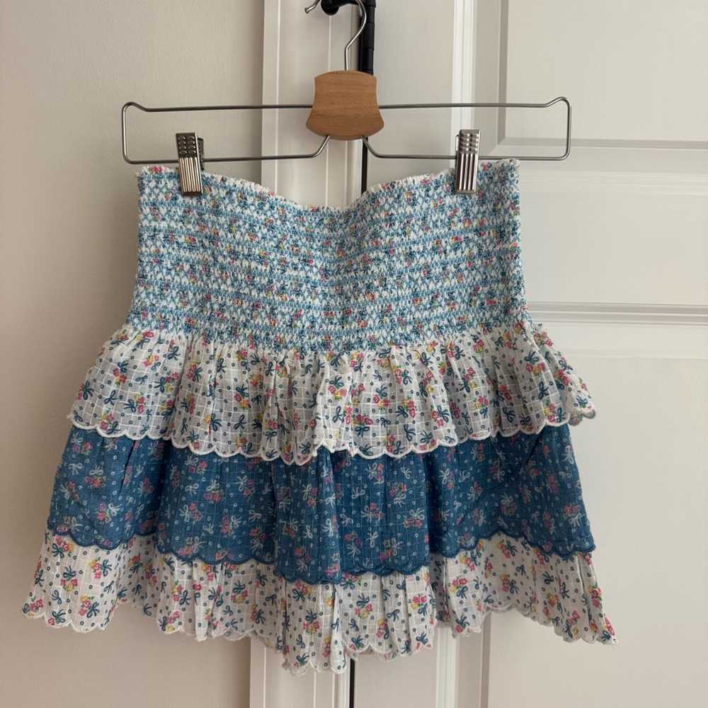 LoveShackFancy Blue and White Bubble Mini Skirt